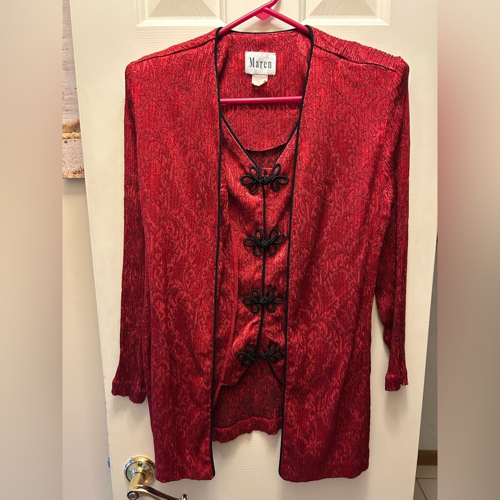 Red Long Sleeve Dress Top with Black Accents